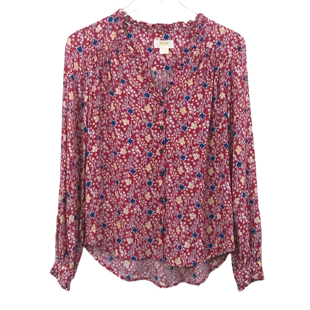 Anthropologie | Floral Ruffle Neck Blouse Size 2 Pink
